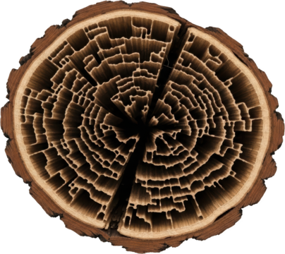 Detailed cross section of a tree trunk revealing intricate wood grain patterns and texture transparent background