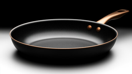 A sleek, dark non-stick frying pan with a prominent copper-toned