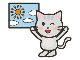 天気が良くて喜ぶかわいい猫ちゃんのイラスト