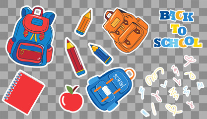 Bright vector illustration displays various colorful stickers representing school supplies such as backpacks, pencils, and notebooks, perfect for back to school themes