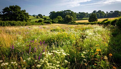 Organic field filled with native grasses and wild blooms, bordered by thriving hedgerows and untouched terrain