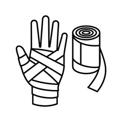 Line art illustration of a hand wrapped in bandages next to a roll of medical tape
