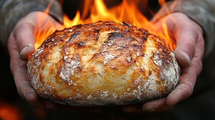 A baker, wearing an apron, carefully pulls a golden-brown loaf of bread from a modern oven, showcasing the crisp crust and steam rising from the freshly baked bread.
