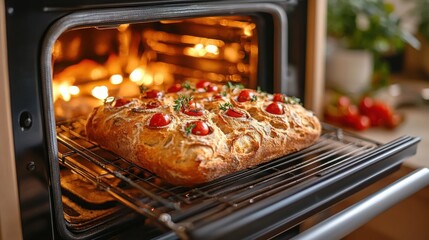 A baker, wearing an apron, carefully pulls a golden-brown loaf of bread from a modern oven, showcasing the crisp crust and steam rising from the freshly baked bread.
