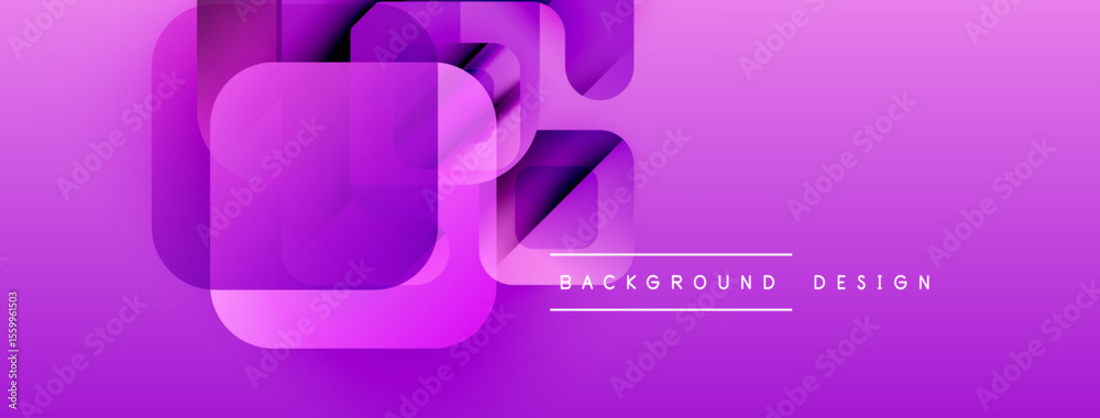 Poster Abstract purple layers create dynamic background. Modern design features rounded squares, gradients, text elements. Simple, elegant composition.