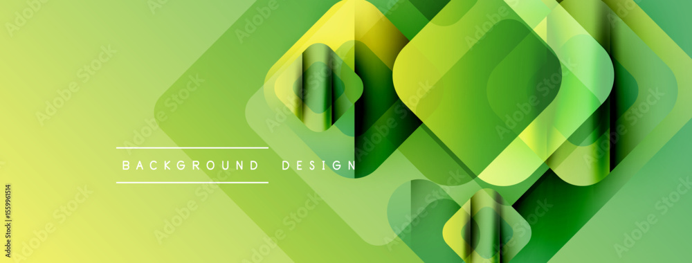 Poster abstract geometric design. overlapping squares create layered effect. gradient shades of green, yell