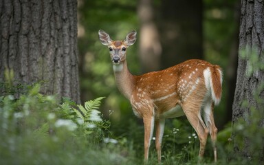 Fototapeta premium Alert fawn stands amidst ferns and trees in a lush green forest setting