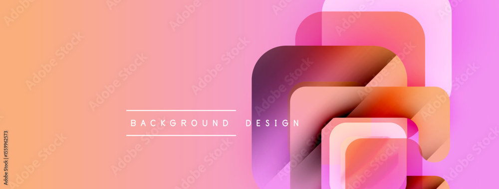 Poster abstract geometric shapes overlap, creating vibrant gradient background. peach, pink hues dominate c