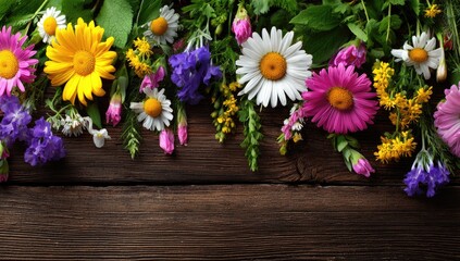 Colorful wildflowers arranged on rustic wood