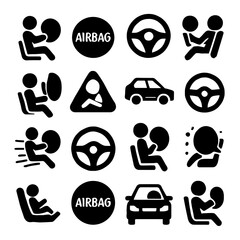 Airbag Safety Icons: Car Crash Protection, Steering Wheel, and Passenger Safety