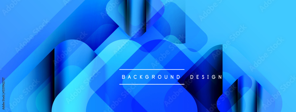 Poster Abstract blue layers create dynamic flowing shapes. Modern design features gradients, curves, text overlay. Visually appealing background.