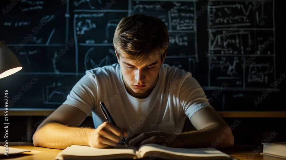 Poster young student writing on a notebook, illuminated by the light of a desk lamp, in front of a blackboa