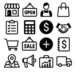 Black and white line art icons representing business, commerce, and retail