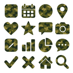 Camouflage-Patterned Icons Representing Various Digital Interface Elements.
