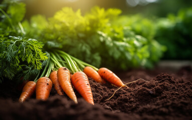 Freshly harvested carrots with green tops lying on dark brown garden soil