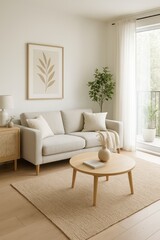 Serene Living Room Interior: A cozy living space is showcased in a photorealistic image, featuring modern furniture, a round wooden coffee table, a comfortable sofa.