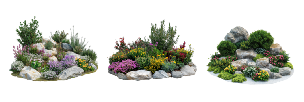 Collection of garden with shrubs flowers and rocks isolated on transparent or white background. Landscaping Garden Design Elements Isolated with Shrubs, Stones, and Floral Plants