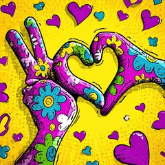 Hands forming heart shape, colorful, whimsical design