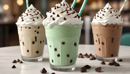 Three delightful milkshakes topped with whipped cream and chocolate chips on the table.
