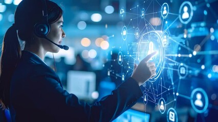 Futuristic customer support representative interacting with a virtual network interface - Powered by Adobe