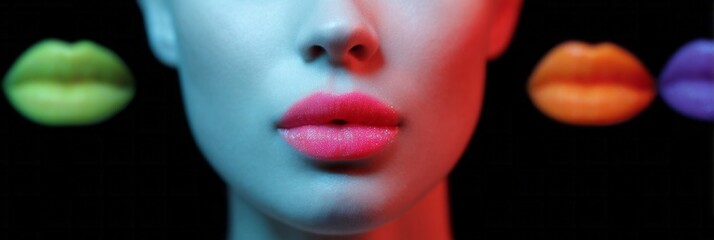 Ethereal kaleidoscope lips, enigmatic allure of rainbow hues, avant-garde pop art, embracing Prism Day vibrancy and Chromatic Carnival
