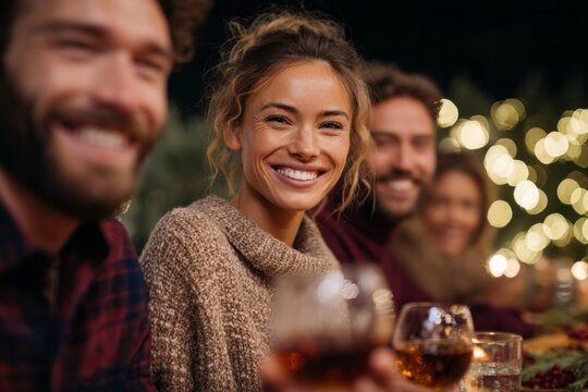 Joyful gathering under twinkling lights, diverse friends share laughter and wine, embodying Hygge warmth and Friendsgiving spirit