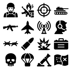 Collection of Military Icons in Solid Black Style