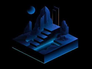 Isometric landscape with blue mountains steps and moon on a black background in digital style