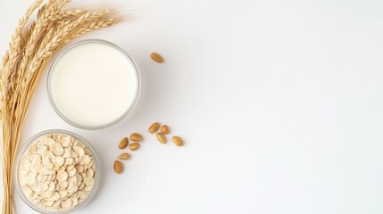 A top-down view of a glass bowl filled with oats, a glass of milk, and golden wheat stalks arranged neatly on a clean white background with ample copy space for text.