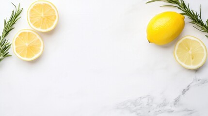 A flat lay composition featuring vibrant yellow lemons, halved slices, and sprigs of green rosemary elegantly placed on a clean white marble surface with soft light and ample copy space.