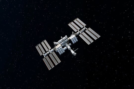 Modern Space Station Orbits Earth in Detailed View With Solar Arrays