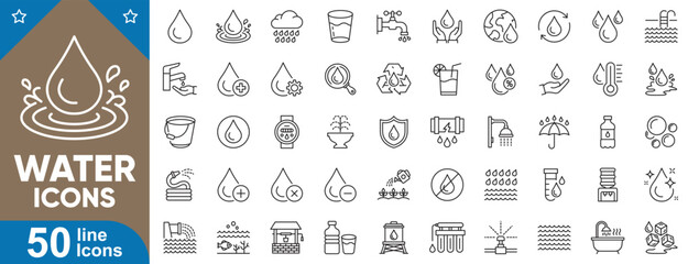 Water icons set. Collection of water drop, bottle, faucet, glass, rain, shower, filter, hydration, bathtub, umbrella, bucket, splash, swimming pool and more. Vector illustration