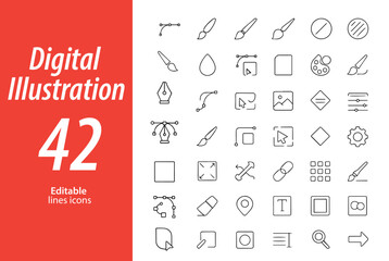 Digital Illustration Line Icons, Drawing Tablet, Stylus, Layers, Vector Tool, Color Picker, Artboard, and More , Editable Formats: AI, EPS, JPG, PNG , Ideal for Both Digital and Print Use
