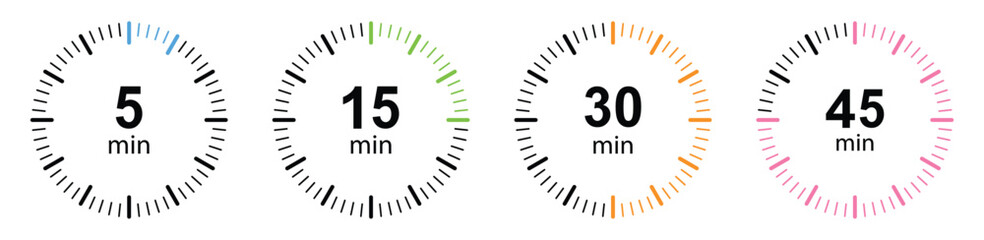 Countdown Timer and Stopwatch Icon Set – Interval Time Tracker from 5 to 60 Minutes in Red and Black Vector Style, vector illustration.