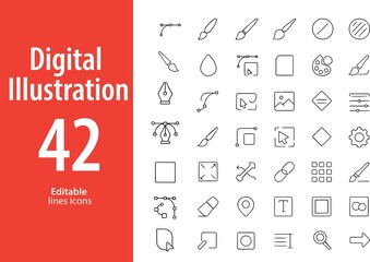 Digital Illustration Line Icons, Drawing Tablet, Stylus, Layers, Vector Tool, Color Picker,...