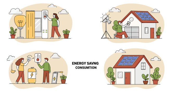 Colorful Illustrations of Energy Saving Consumption Methods
