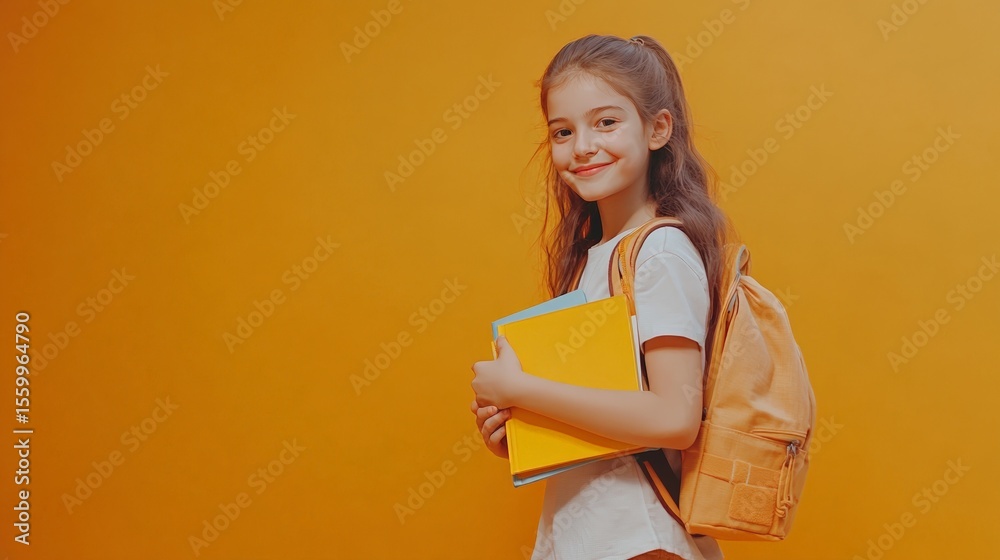 Poster happy elementary school student carrying colorful books and a backpack while smiling on an orange st
