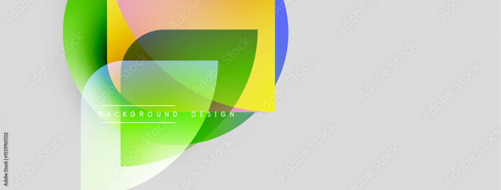 Poster Abstract shapes overlap, creating vibrant color gradients. Minimalist design with text elements. Light gray background provides contrast.