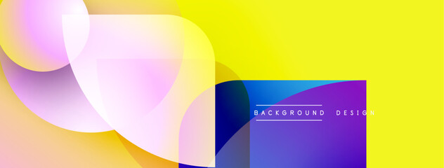 Abstract colorful shapes overlap. Yellow gradient dominates background. Modern design elements present, creating dynamic visual effect.