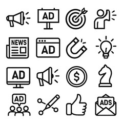 Diverse Advertising Icons Depicting Marketing, Promotion, and Business Strategies.