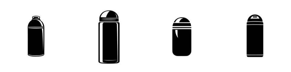 Silhouette pictograms of diverse bottle designs for various uses and activities in a minimalist style