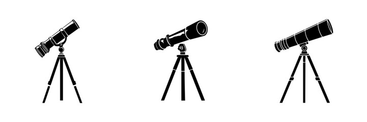 Set of three silhouette pictograms of telescopes suitable for educational and scientific activities related to astronomy