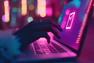 A listdirect selling project for an email marketing list featuring a woman hand using a laptop with an email icon, A womans hand using a laptop, with an email icon visible, highlighting  