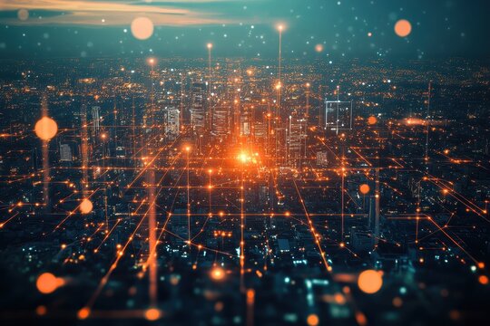 A digital map of a smart city with real-time data streams, Interactive digital map showcasing a smart city with live data streams for transportation and environmental monitoring - Powered by Adobe