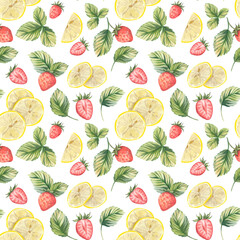 Watercolor seamless pattern with strawberries, lemons and leaves. Hand drawn