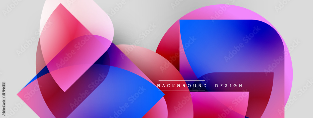 Poster abstract shapes overlap, creating vibrant color gradients. pink, blue, red hues dominate neutral gra