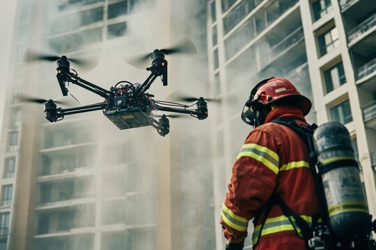 A firefighter operating a robotic fire-fighting drone in a high-rise building, A firefighter operates a drone designed for firefighting within a high-rise building, demonstrating innovative  