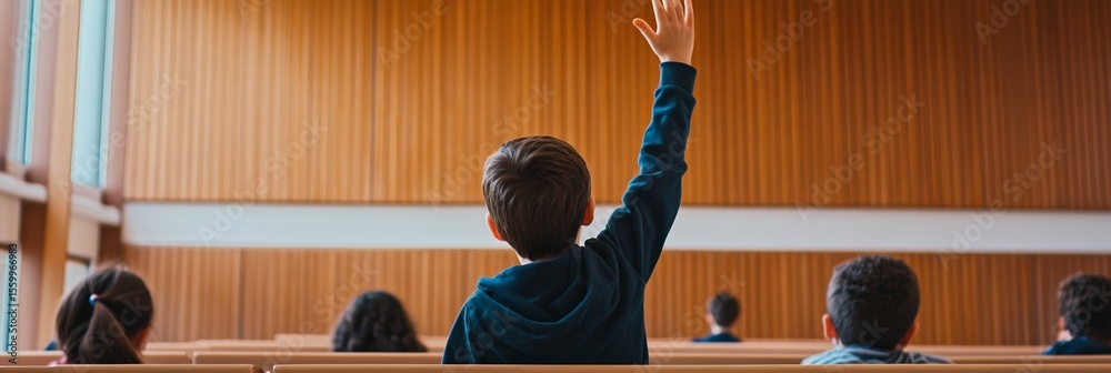 Poster elementary school student raising hand to ask question during lesson in classroom, showing active pa