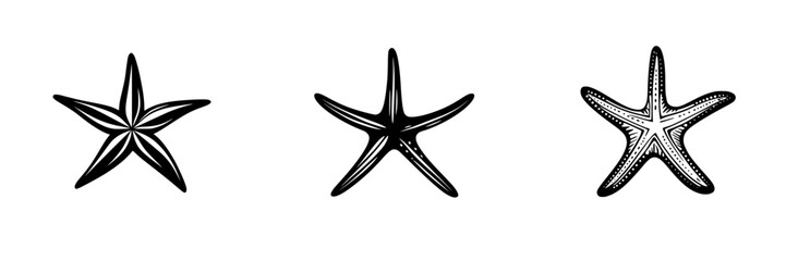 Silhouette pictograms of starfish in various designs showcasing marine life and ocean themes