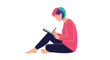 Fototapeta premium The Seated Person Is Sketching or Writing in Their Notebook Journal With Pen